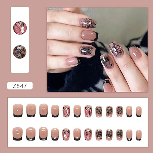 RTKHFZE Short Press on Nails Square Black Butterfly Fake Nails with Design Exquisite Stick on Nails Full Cover Acrylic Glossy Glue on Nails Artificial Nails for Women Manicure Decorations 24Pcs - color: style011