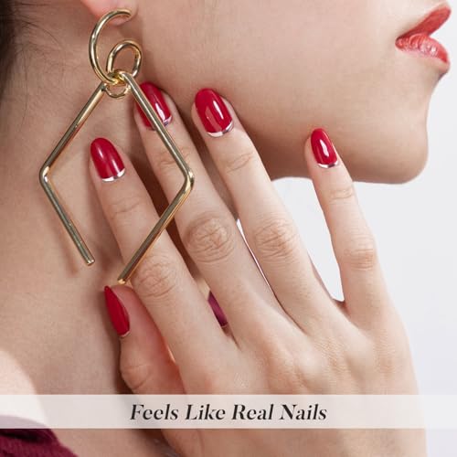SHANGMENG Press on Nails Oval Short Red Nails with 3D Silver Tail, Soft Gel - color: Crimson Curve