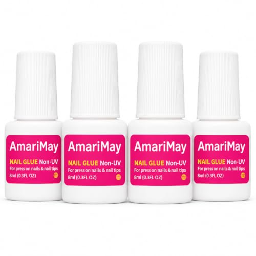 Nail Glue for Press On Nails, 8ml *4, Nail Tips & Acrylic Nails Nail Bond, Brush On Glue for Press Ons, Tips & Acrylics - Long Lasting, Maximum Strength, Mess-Free Application