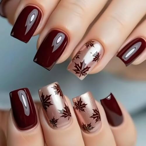 24Pcs Fall Maple Leaf press on Nails Medium Square Burgundy Fake Nails - color: Style-28