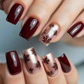 24Pcs Fall Maple Leaf press on Nails Medium Square Burgundy Fake Nails - color: Style-28