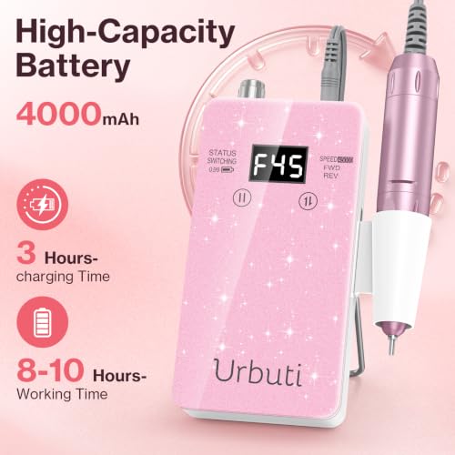 Electric Nail Drill 45000RPM Professional,Glitter Portable E-File Nail Drill Kit for Acrylic & Gel Nails,LCD Display & 4000mAh,Electric Nail File 12 Bits,Manicure Pedicure Kit for Home Salon,Pink - color: Pink