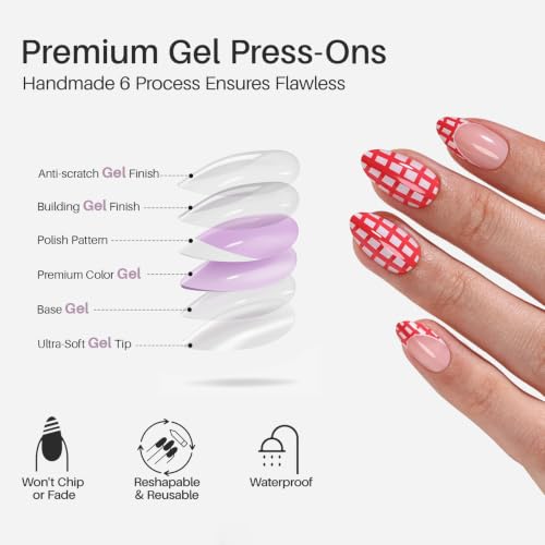 SHANGMENG Press on Nails, Almond Short Red Plaid Mixed French Tip Nails - color: Picnic Time