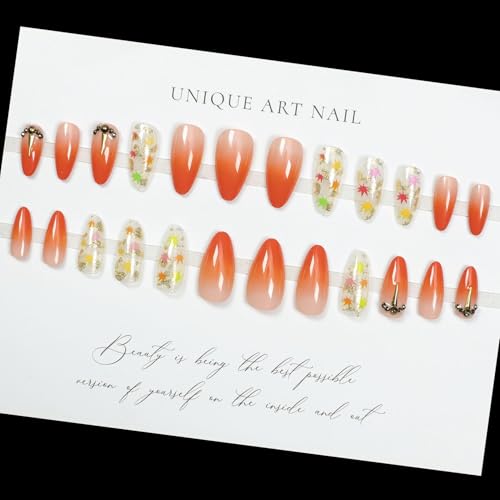 Fall Almond Press On Nails Medium Fake Nails Orange Gradient False Nails Press Ons With Gold Foil And Maple Leaves Design Stick On Nails Glossy Autumn Glue On Nail For Women Nail Supplies - color: design-5