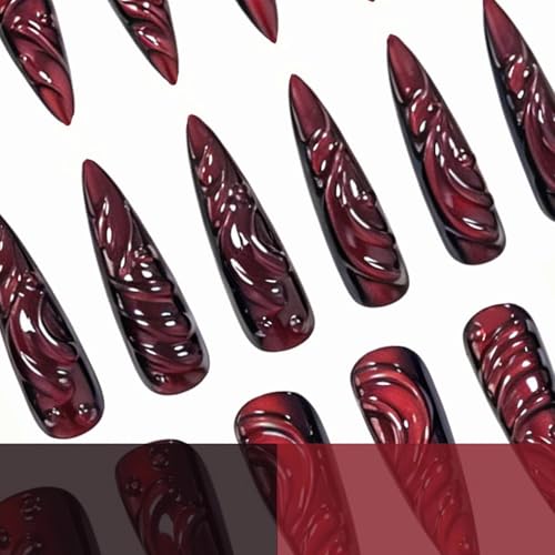 MISUD Press on Nails - Long Stiletto Fake Nails with Goth Red Cat Eye, Acrylic 3D Gel Gothic Vampire Design 24 pcs - color: 06103-01-09Red