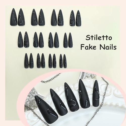 MISUD Press on Nails - Long Stiletto Glue on Nails with Goth Black, Acrylic Gothic Snake Design 24 pcs - color: 06121Black