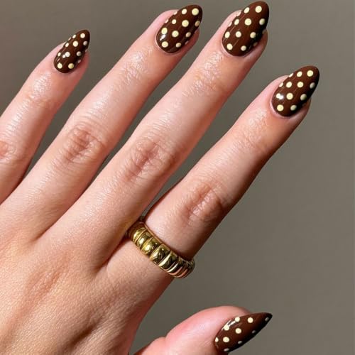 Fall Press on Nails Short Almond Brown Fake Nails Press on with Polka Dot - color: BD-Brown-15