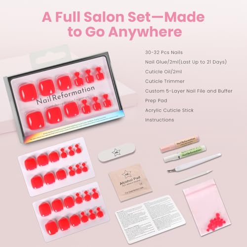 Nail Reformation Press On Toenails, Cherry Red Short Square Fake Toe Nails - color: Bright Red