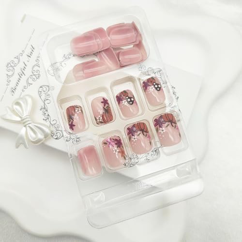 Fall Press on Nails Short Square Fake Nails with Pumpkin Floral Polka Dot Designs Autumn Nails Press ons Purple Brown Nude Glue on Nails Glossy False Nails Cute Stick on Nails for Women 24Pcs - color: 15