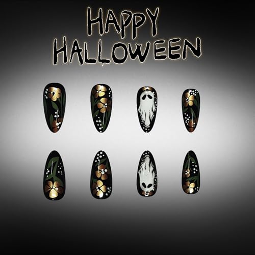 Halloween Press On Nails Medium Almond Fake Nails Holiday Stick On Nail Press Ons With Ghost Gold Flower Design Acrylic False Nails Glossy Glue On Nails For Women - color: Halloween nails-8