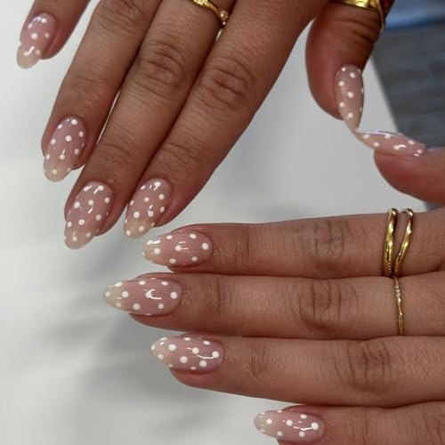 White Polka Dot Press on Nails Medium Almond Fake Nails Glossy Finish False Nails with Design Cute Artificial Stick on Nail Reusable Full Cover Glue on Nail for Women Girls Manicure 24Pcs - color: Style-15
