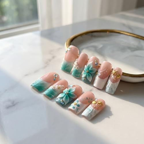 Square Medium Handmade Press on Nails - Light Blue French Tip False Nails with 3D Flower Designs Fake Nails Luxury Reusable Acrylic Stick on Nails for Women 10Pcs (Size M) - color: style1