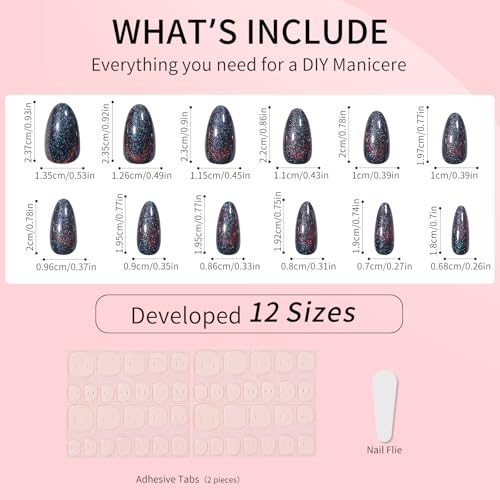 Dark Blue Almond Cat Eyes Press On Nails,12 Sizes - 24 Pcs Soft Gel Blue Medium Fake Nails Kit with Nail Glue, Natural Reusable Stick On False Nails for Women and Girls SK1008 - color: SK1008-Dark Blue