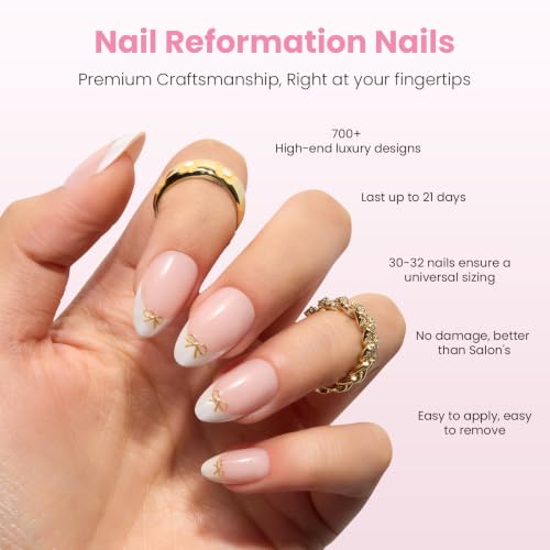 Nail Reformation Press On Nails, Bow-So-Chic Short Almond Fake Nails 32 Pcs - color: Bow-So-Chic