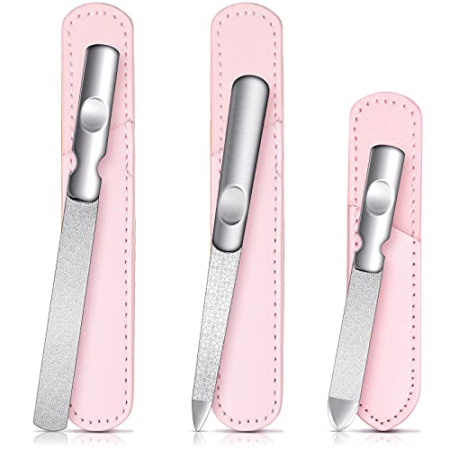 3 Pcs Stainless Steel Nail File Kit with Leather Case, Double Sided, Pink - color: Pink