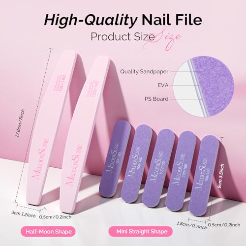 MelodySusie 7Pcs Nail Files 100/180 Grit Emery Boards Pink & Purple - size: 7Pcs Half-moon Shape