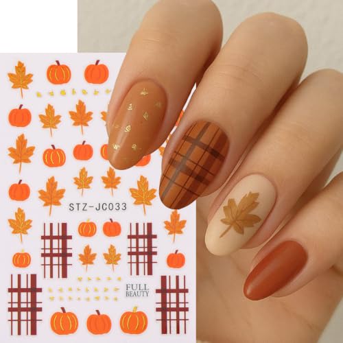 Halloween Pumpkin Nail Art Stickers Maple Leaf Pumpkin Nail Art Decals 6 Sheets 3D Self-Adhesive Stickers Plaid Stripes Nail Decals for Women Halloween Nail Supplies Fall Nail Decorations - color: Halloween Style6
