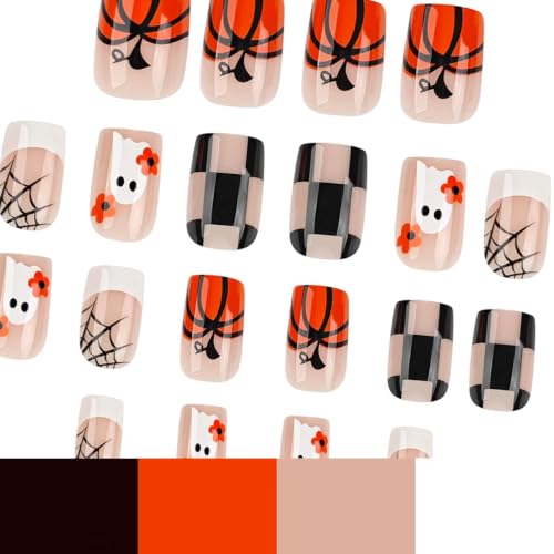 Halloween Press on Nails Short Square - Ghost Pumpkin Spider Web - color: D-68