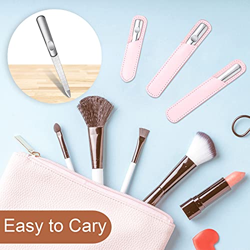 3 Pcs Stainless Steel Nail File Kit with Leather Case, Double Sided, Pink - color: Pink