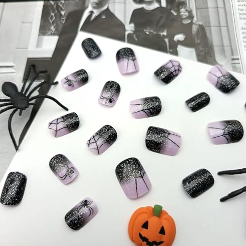 Halloween Press on Nails Square Shaped Fake Nails Cobweb & Spider False Nail with Glitter Designs Halloween Glue on Nail Black Bling Artificial Acrylic Nails for Women 24Pcs - color: Halloween style 07