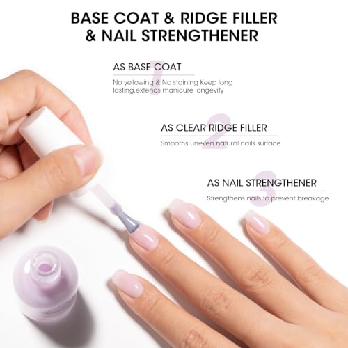 GELLEN Clear Nail Polish Ridge Filling Base Coat, No Light Needed,HEMA Free - color: Clear Lavender Purple Tint