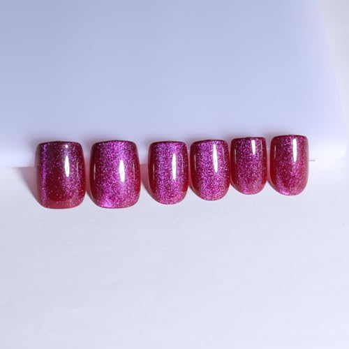 Pink Purple Cat Eye Press On Nails Short Square, Magenta Tone Cat Eye Nail Design, High Saturation Color Glossy Soft Gel Fake nails, Reusable Glue On Nails for Women, Party Holiday, 30Pcs - color: M07-purple pink
