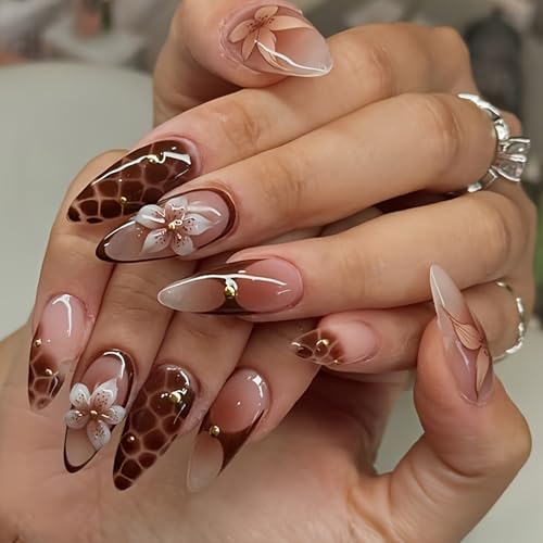 Brown Flower Press On Nails Medium Almond Fake Nails Floral False Nails With Gold Pearl Design Reusable Acrylic Nails Press Ons Full Cover Glossy Glue On Nails For Women Manicure 24Pcs - color: Design-26