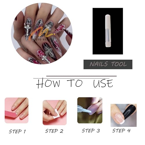 MISUD Press on Nails - Long Stiletto Glue on Nails with Goth Red Black, Acrylic Gothic Corss Design 24 pcs - color: 02301Black&Red