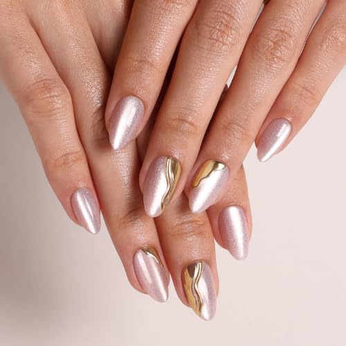 SHANGMENG Press on Nails, Almond Short 3D Rose Pink Cat Eye Nails, Soft Gel - color: Champagne Muse