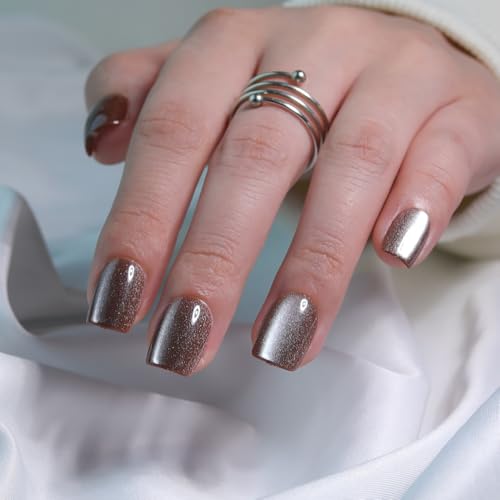 Taupe Brown Press On Nails Square – Short Cat Eye Fake Nails 30PCS - color: M10-Taupe-Brown
