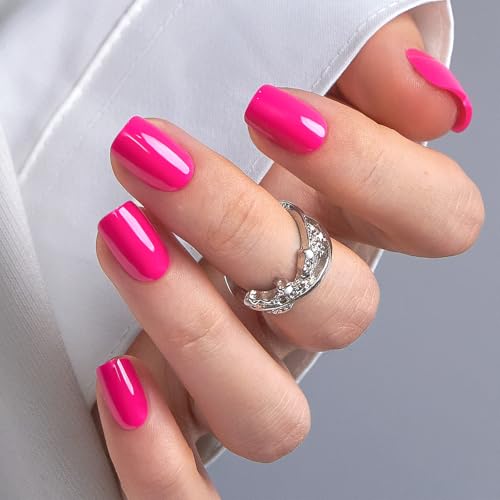 CurvLife Short Square Press On Nails, Vivid Gloss Hot Pink, Soft Gel - color: bright pink
