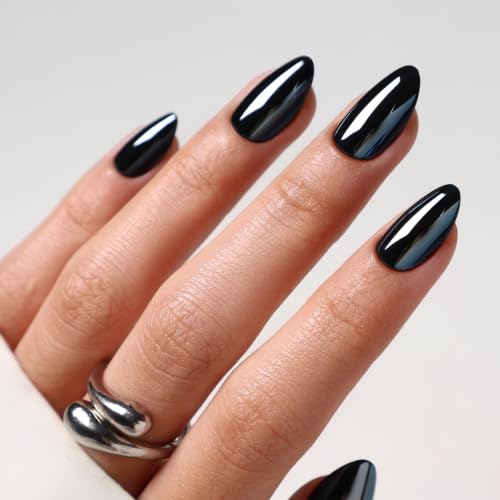 SHANGMENG Halloween Press on Nails, Almond Short Black Chrome Fake Nails - color: Liquid Onyx