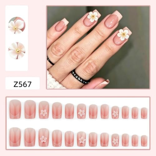 Pink French Tip Press on Nails Medium Square Flower Design - color: Solid Pink White