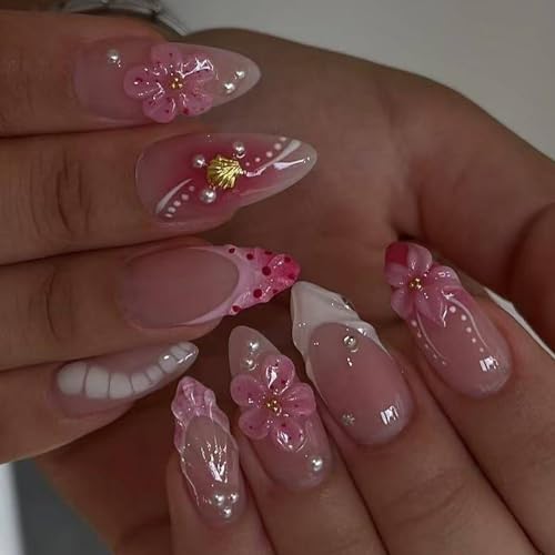Summer Spring Press On Nails Medium Almond Fake Nails Pink Flower False Nails With Gold Shell White Pearl Design Reusable Acrylic Nail Press Ons Glossy Stick On Nails For Women 24Pcs - color: Design-25