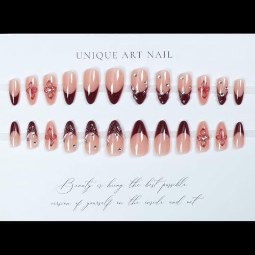 Burgundy French Tip Press on Nails Medium Almond - 3D Flowers - color: D-50