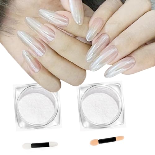 2Pcs Pearl Chrome Nail Powder - Ice Transparent Aurora, White Chameleon Iridescent Pigment for Nails - High Gloss Pearlescent Glitter (2pc White) - color: 2pc White