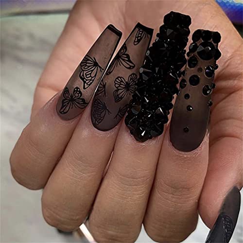 Press on Nails Long Coffin Fake Nails Black False Nail with 3D Rhinestone Butterfly Design Matte Full Cover Stick on Nail for Women - color: 04-Butterfly