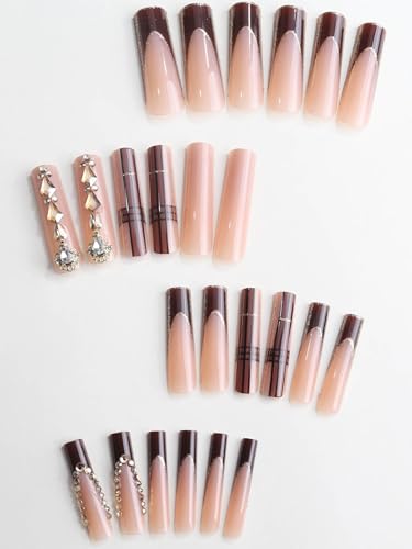 RUOKEXIN 24Pcs Extra Long Square Glitter False Nails with Rhinestones, Brown French Tip, Gold Glitter, Sparkly, Plastic, Glossy, Press On Nails for Women - color: Long Style-C7C2