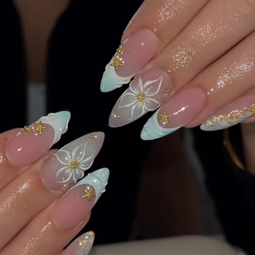 Blue Ombre Press on Nails Medium Almond - 3D Floral & Starfish - color: D-53