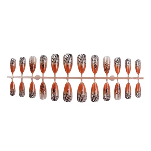 Halloween Press On Nails Medium Almond Fake Nails Press Ons Holiday With Spider Web Design False Nails Glossy Full Cover Acrylic Nails Orange Glue On Nails For Women - color: Halloween nails-5