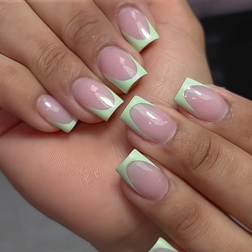 SXVME 30 Pcs Light Green French Tip Press on Nails Short Square, Acrylic Fake Nails Press ons, Small Coffin Acrylic Natural Nude Glue on Nails for Women, 15 Sizes - color: square mint green