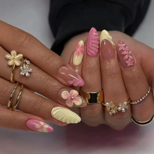 Medium Almond Press on Nails - Pink & Yellow French Tip - color: D-57