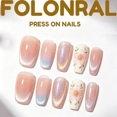 Coffin Press on Nails Short Fake Nails with Glitter Gradient Designs Pink Nails Press ons Cute Acrylic Nails Glossy Glue on Nails Daily Wear Simple False Nails Fall Stick on Nails for Women 24Pcs - color: Glitter Gradient Designs