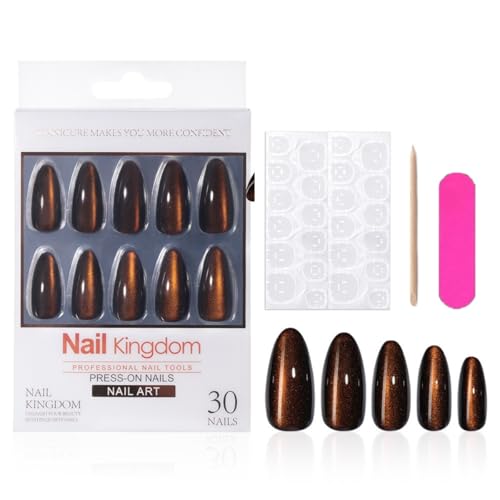 Dark Brown Cat Eye Press on Nails Medium Almond Glitter Fake Nails 30 Pcs - color: Style-23