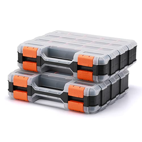 Mayouko Double Side Tools Organizer, Customizable Removable Plastic Dividers, Hardware Box Storage, Excellent for Screws,Nuts,Small Parts, 34-Compartment,2 PCS Set,12.6"L x 10.6"W x 3.2"H - color: Orange, size: 2 PCS
