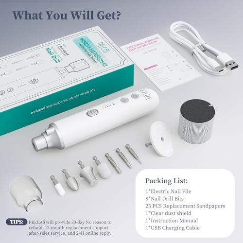 PELCAS Electric Nail Filer, Cordless Nail Drill with LED Light & 5 Speeds - color: Silver