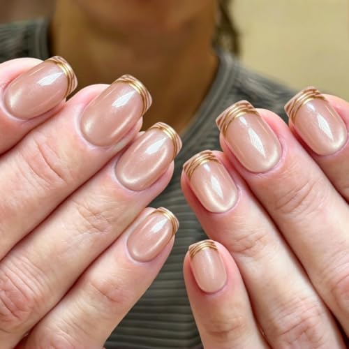 French Tip Press on Nails Medium Square Cat Eye Design - color: Gold