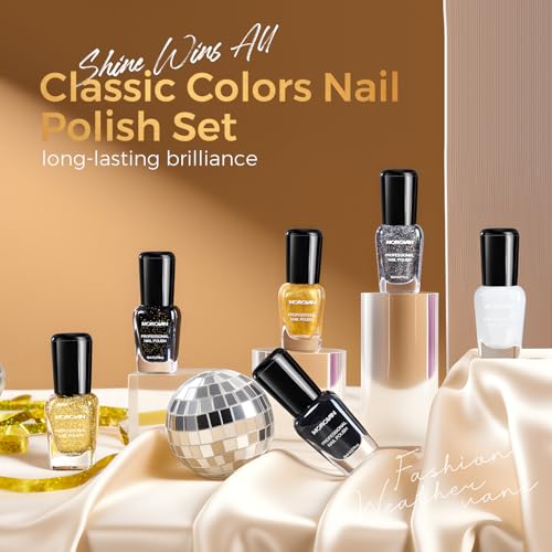 Morovan Nail Polish Set Fingernail: Black Gold White Glitter Sparkle Sliver - color: Opulent Black