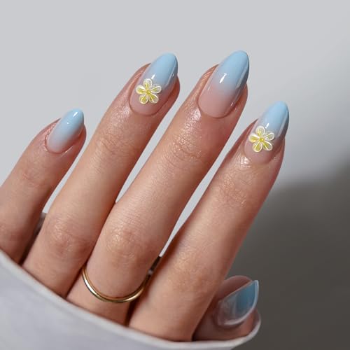BTArtbox Press On Nails, Short Almond Blue Fake Nails, 32Pcs Full Kit - color: A1-Garden Party