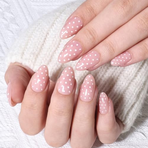 Polka Dot Press On Nails Almond - Pink Nails Short Fake Nails - color: 3B - Blush Dots